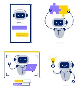 Chatbot or AI assistant in different tasks. Robot helps to find solutions, answers, and ideas. Vector flat illustrations isolated on a white background.
