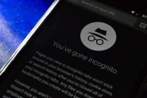 SAO PAULO, SP, BRAZIL - JULY 08, 2019 - Browse in private (incognito mode) on google chrome app Android smartphone. Mobile device technology concept