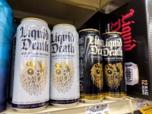 Seattle, WA USA - circa February 2023: Close up view of Liquid Death sparkling water for sale inside a grocery store