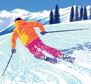 Digitally drawn image of a winter landscape with a skier on skiing slope, and with a forest and mountains in the background.